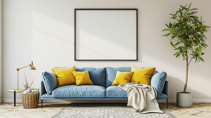 Blue sofa with yellow pillows and blanket against beige wall with frame poster. Scandinavian home...