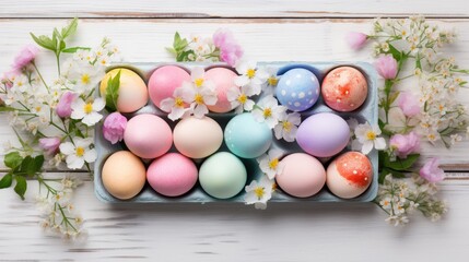 Obraz na płótnie Canvas A cardboard tray or box with colored eggs and spring flowers on a white wooden background. Festive background, greeting card, happy Easter. Easter background with space to copy.