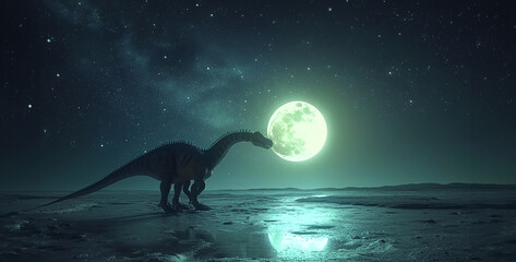A picture of a dinosaur catching the moon, Dinosaur tyrannosaurus rex with full moon. 3d render. 4k