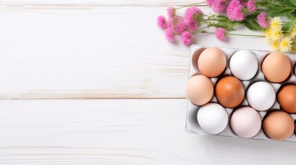 A cardboard tray or box with colored eggs and spring flowers on a white wooden background. Festive background, greeting card, happy Easter. Easter background with space to copy.