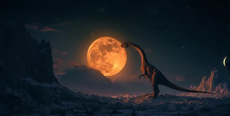 Fotobehang A picture of a dinosaur catching the moon, Dinosaur tyrannosaurus rex with full moon. 3d render. 4k © Ajmal Ali 217