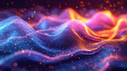 Vibrant neon wave in fluid 3D motion, iridescent. Set against a holographic, abstract colorful background. Realistic HD effect.