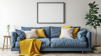 Blue sofa with yellow pillows and blanket against beige wall with frame poster. Scandinavian home interior design of modern living room