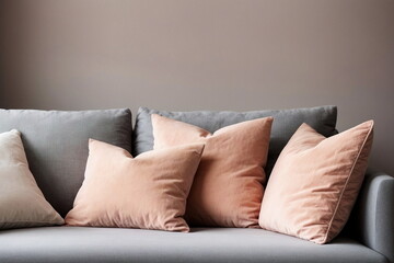 Square pillows  blank mockup  peach fuzz  color on gray  comfortable sofa. Copy space. Cozy interior with pillow mock up.