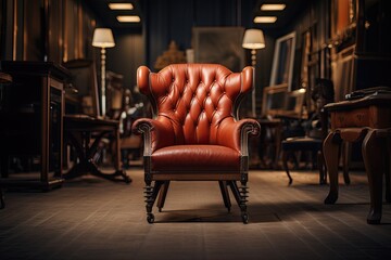 Stylish chair in the middle of the room with dim light and various objects in the background - obrazy, fototapety, plakaty