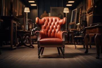 Fotobehang Stylish chair in the middle of the room with dim light and various objects in the background © Serhii