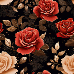 Opulent Rose Garden with Gold Accents on Black Canvas