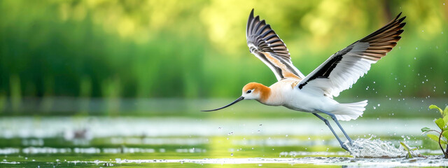 American Avocet Bird Taking Flight Over Water - obrazy, fototapety, plakaty