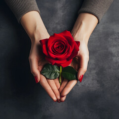 Woman hands holding red rose for Happiness moment, Love, couple, Anniversary, Valentine's day, Give and love  concept, Generative AI.