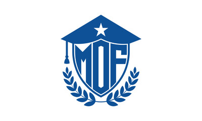 MOF three letter iconic academic logo design vector template. monogram, abstract, school, college, university, graduation cap symbol logo, shield, model, institute, educational, coaching canter, tech