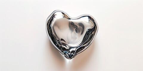 A liquid metal in the shape of a heart on a light background with copy space