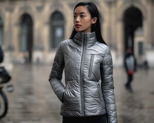 A woman in a silver jacket standing in the rain. Generative AI.