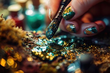 A person is painting a nail with gold and green glitter. Generative AI. - Powered by Adobe