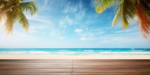 Tropical beach background for product display on wooden table.