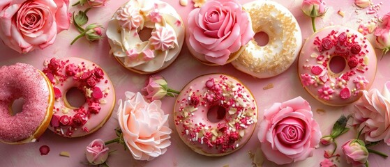 Fototapeta premium Donuts with pink frosting and flowers on a pink background. Generative AI.
