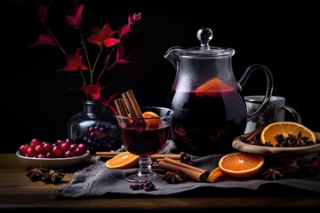 Fresh brewed mulled wine in a glass on a background of dry fruits, cinnamon with a beautiful background
