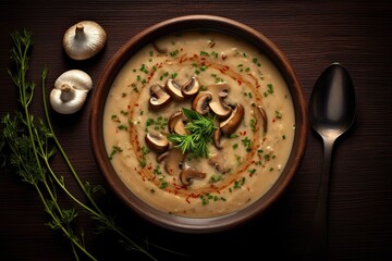 Fresh cooked mushroom cream soup in a beautiful plate on a dark background with fresh mushrooms