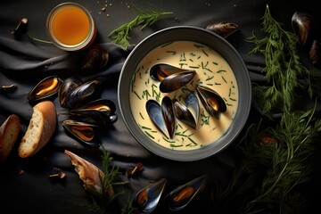 Fresh cooked mussel soup in a beautiful plate on a dark background with spices, bread