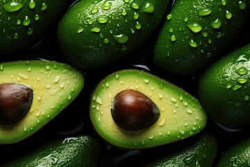 Fresh avocados cut in half with seeds on a dark background