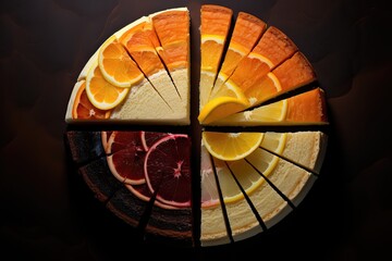 Appetizing pieces of cake with various fruit fillings, top view