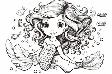 Black and white outline of a mermaid for coloring book
