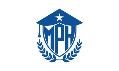 MPH three letter iconic academic logo design vector template. monogram, abstract, school, college, university, graduation cap symbol logo, shield, model, institute, educational, coaching canter, tech