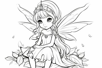 Black and white outline of a girl angel for coloring book