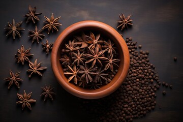 Dried star anise seeds in a plate on a background of spices, top view