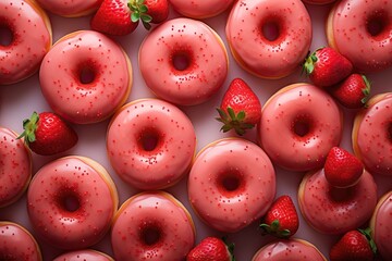 Appetizing donuts with strawberry topping top view - obrazy, fototapety, plakaty
