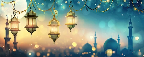 Ramadan Kareem background with mosque and moon. Vector illustration - obrazy, fototapety, plakaty