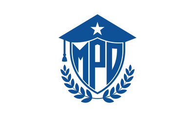 MPO three letter iconic academic logo design vector template. monogram, abstract, school, college, university, graduation cap symbol logo, shield, model, institute, educational, coaching canter, tech