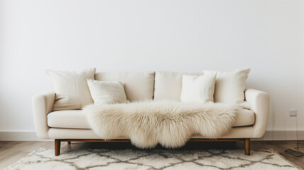 Fur rug near ivory sofa with furry fluffy pillows against white wall with copy space. Scandinavian, hygge home interior design of modern living room 