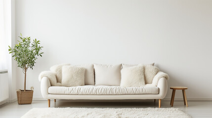 Fur rug near ivory sofa with furry fluffy pillows against white wall with copy space. Scandinavian, hygge home interior design of modern living room