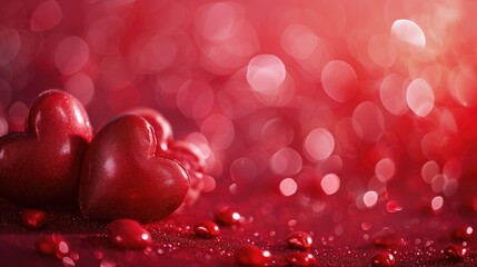 Sparkling red hearts against a vibrant red bokeh background, for love and valentine’s day celebrations.