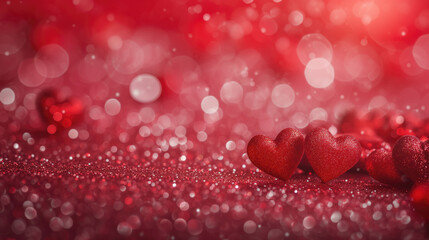 A festive close-up of vibrant red hearts with a glittery texture against a bokeh background for love and valentine’s day celebrations.