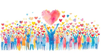 Group of multicultural people with arms and hands raised towards a hand painted blue heart. Charity donation, volunteer work, support and assistance, multiethnic community. Peace on earth.