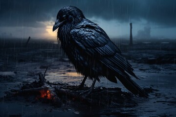 A dark and scary image of a crow or raven in an open field - obrazy, fototapety, plakaty