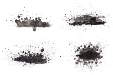 Ink drips and splatters on water-stained spots on white background