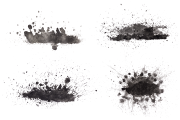 Ink drips and splatters on water-stained spots on white background