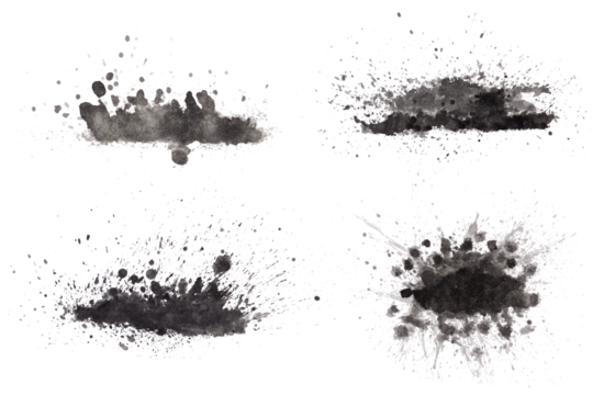 Ink drips and splatters on water-stained spots on white background