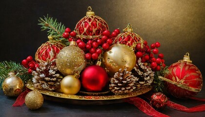 christmas decorations, Luxurious Red and Gold Ornaments in a Festive Arrangement