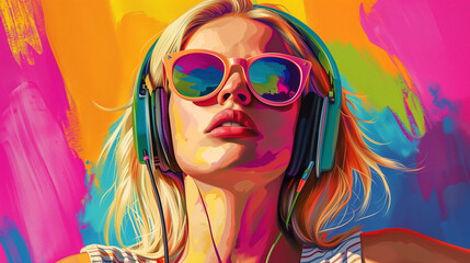 Pop art retro style pretty blonde young woman wearing headphones and sunglasses on vibrant colorful...