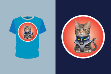 stylish tech cat illustration with tech symbol for t-shirt design, animal art, editable print ready vector file