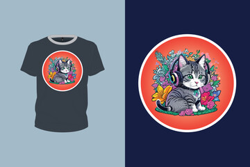 music lover cat illustration with splash for t-shirt design, animal art, print ready vector file