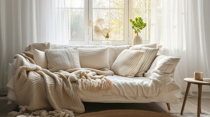  Scandinavian, hygge home interior design of modern living room. Cozy white sofa with pillows and blanket against window