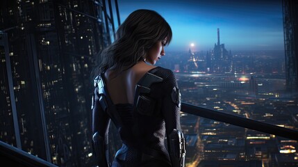 Beautiful cyberpunk girl against the backdrop of the city of the future