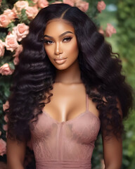 Fototapeta premium Portrait of a Black Woman with Voluminous Wig, Glamorous Makeup, and Pink Lace Dress in a Romantic Rose Garden – Beauty and Wig Photography