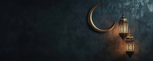 Ramadan Kareem greeting card with golden lantern and crescent moon, 3D rendering - obrazy, fototapety, plakaty