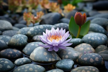 Obraz na płótnie Canvas Beautiful flower amid smooth stones in serene garden. Generative AI