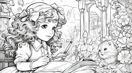 Black and white coloring book with animals or magical creatures